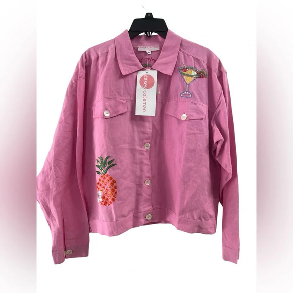 casey coleman Jackets & Blazers - Pink linen embroidered sequined jacket